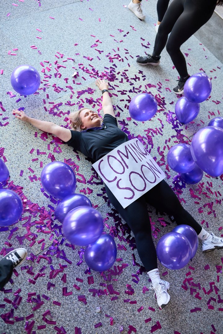 Coming soon presale ad with purple balloons and confetti, shot by Digi Agency