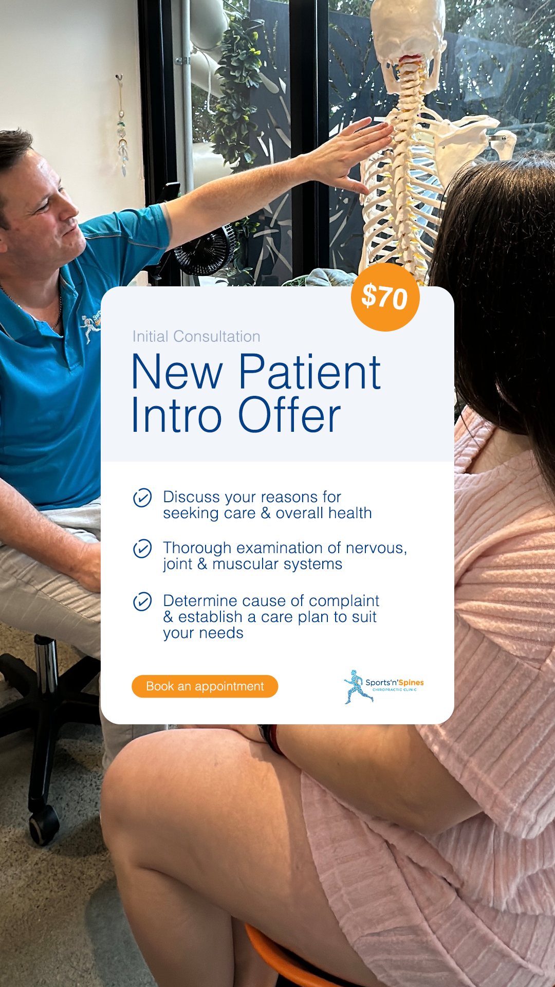 Chiropractic story ad showing a first visit