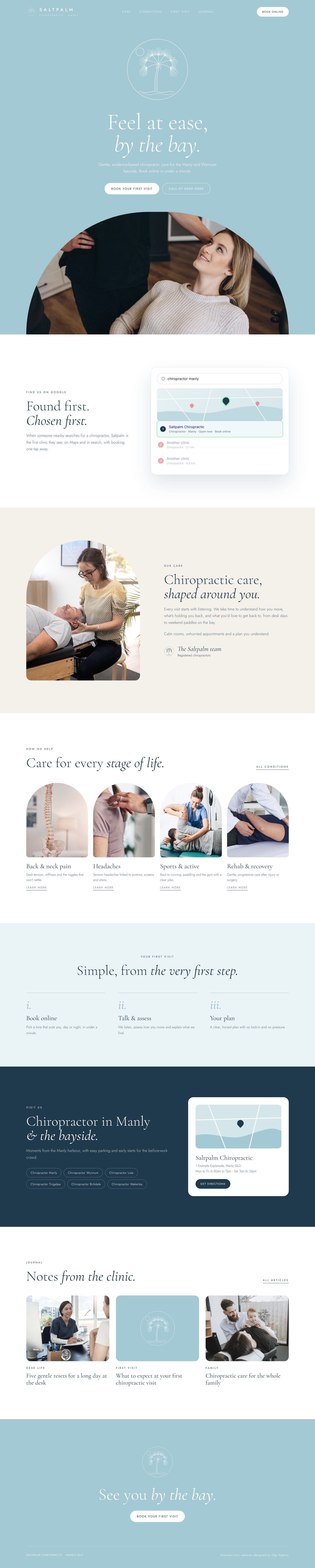 Example coastal chiropractic clinic website designed by Digi Agency, built to appear on page 1 of Google for local chiropractor searches