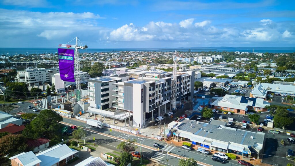 Aerial of the Anytime Fitness Cleveland building and surrounds