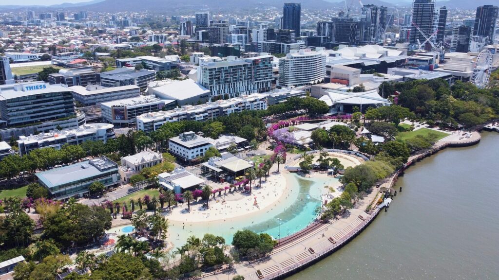 Drone aerial of South Bank Parklands, Brisbane