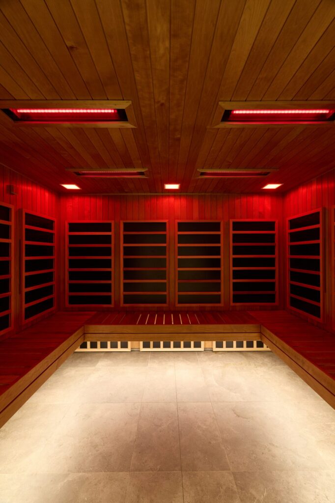 Red-lit infrared sauna at Anytime Fitness Morayfield