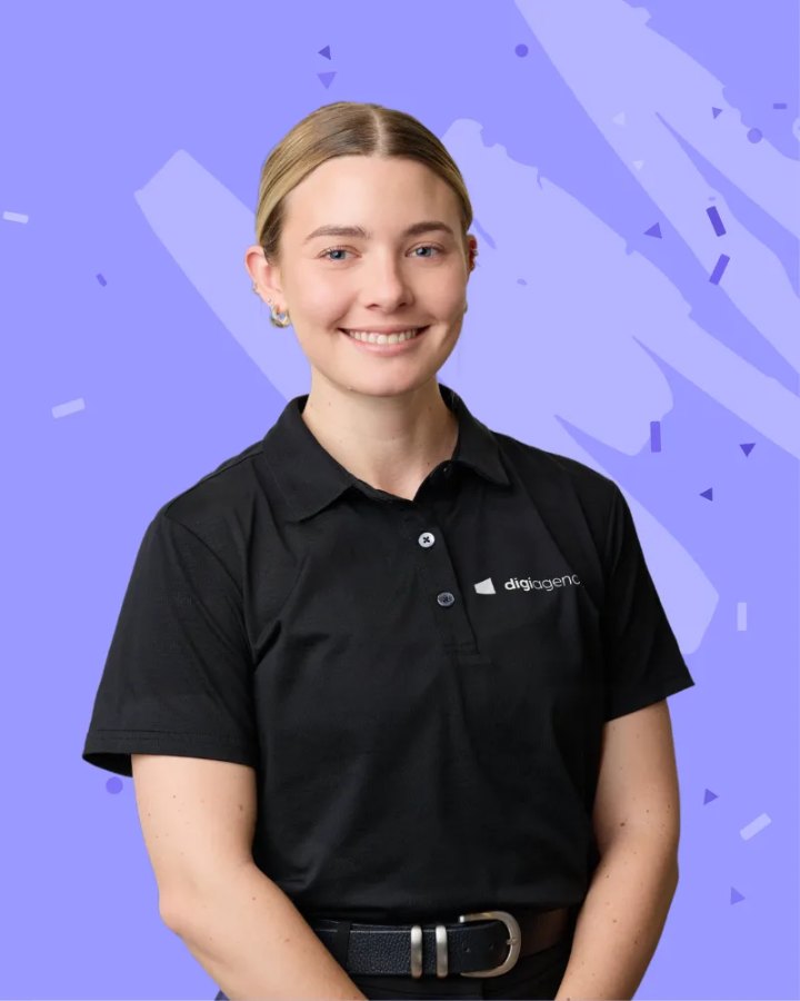 Professional team headshot of a Digi Agency team member, on the Digi brand pattern