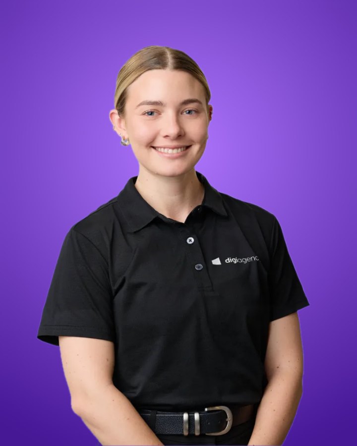 Professional team headshot of a Digi Agency team member, background swapped to brand purple