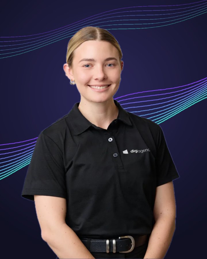 Professional team headshot of a Digi Agency team member, background swapped to night waves