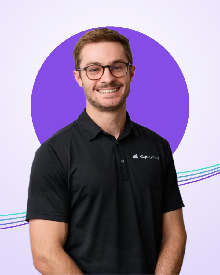 Professional team headshot of a Digi Agency team member, background swapped to brand circle