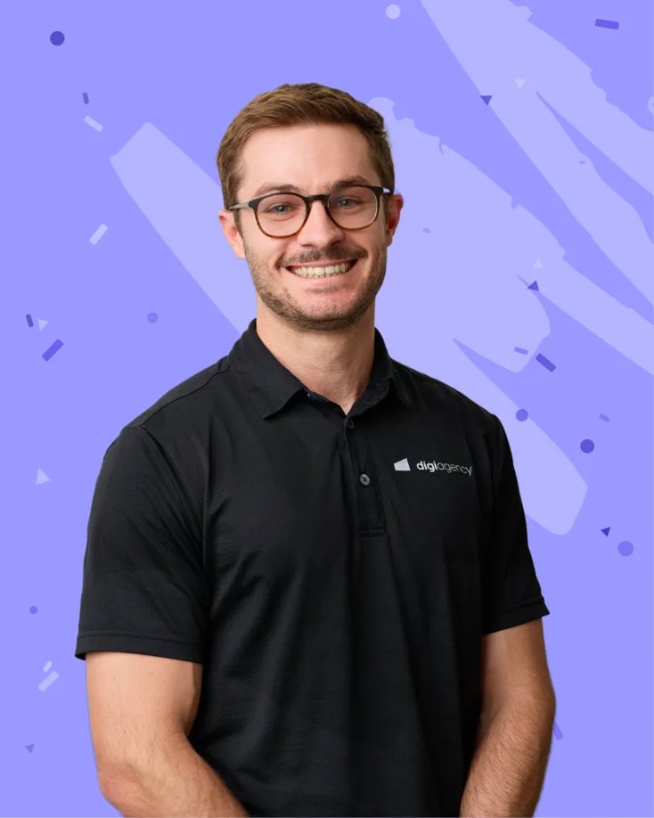 Professional team headshot of a Digi Agency team member, on the Digi brand pattern