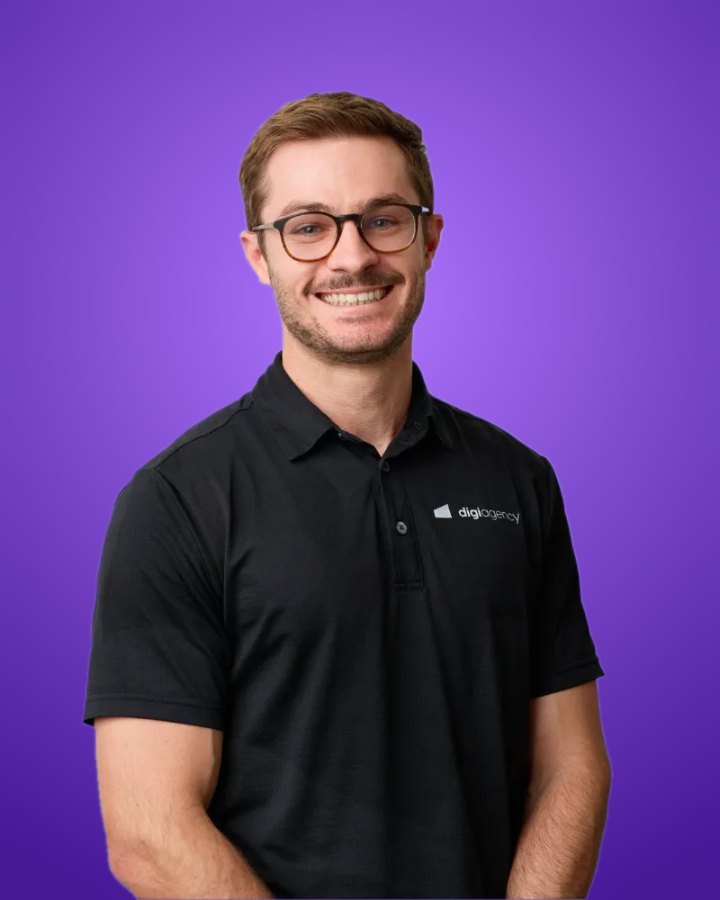 Professional team headshot of a Digi Agency team member, background swapped to brand purple