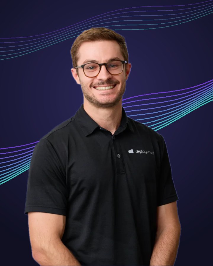 Professional team headshot of a Digi Agency team member, background swapped to night waves