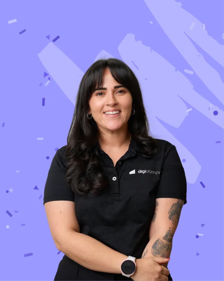 Professional team headshot of a Digi Agency team member, on the Digi brand pattern