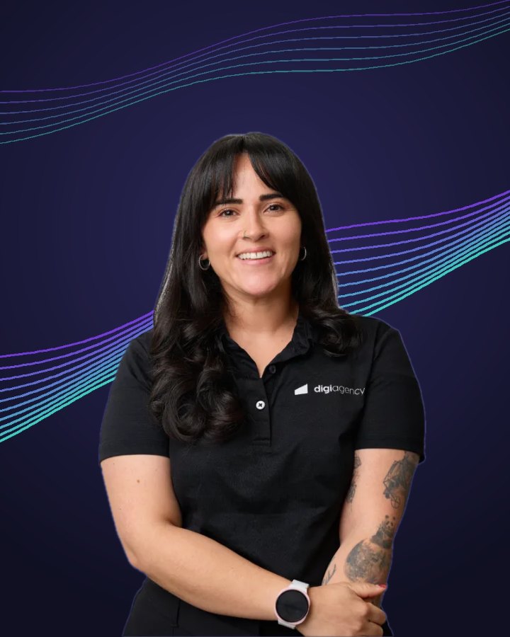 Professional team headshot of a Digi Agency team member, background swapped to night waves